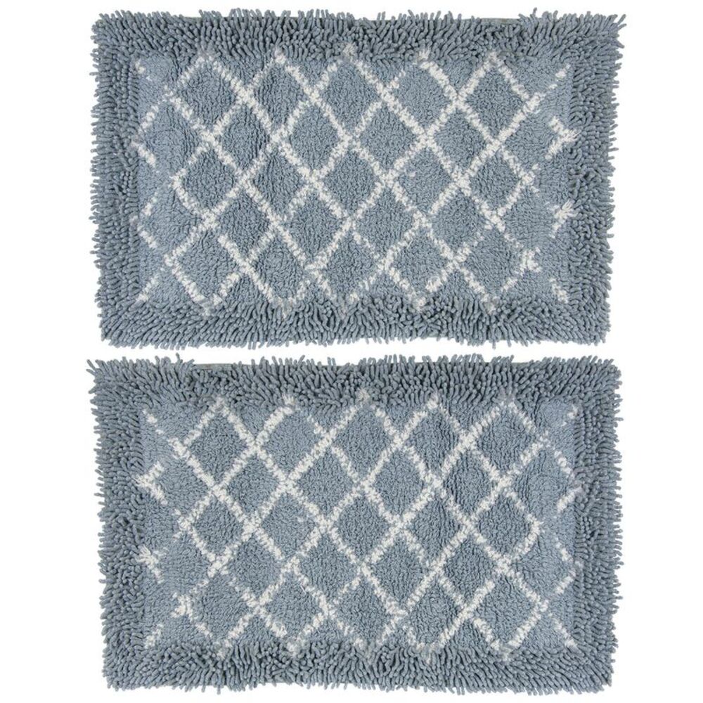 Gold Coast Shaggy Cotton Lattice Blue and White Bath Rug 28" x 18" Set of 2